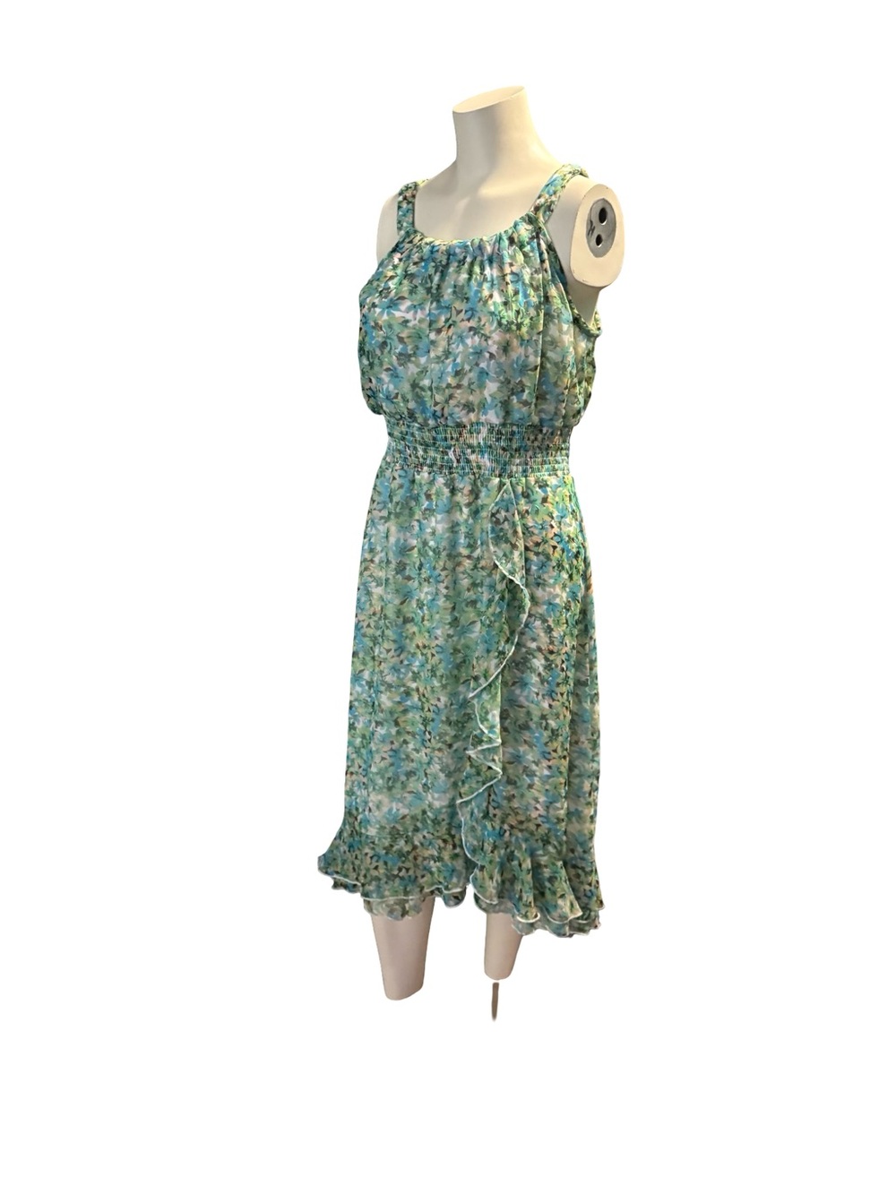 Cato Blue-Green Floral Smocked Midi Dress with Ruffle Trim